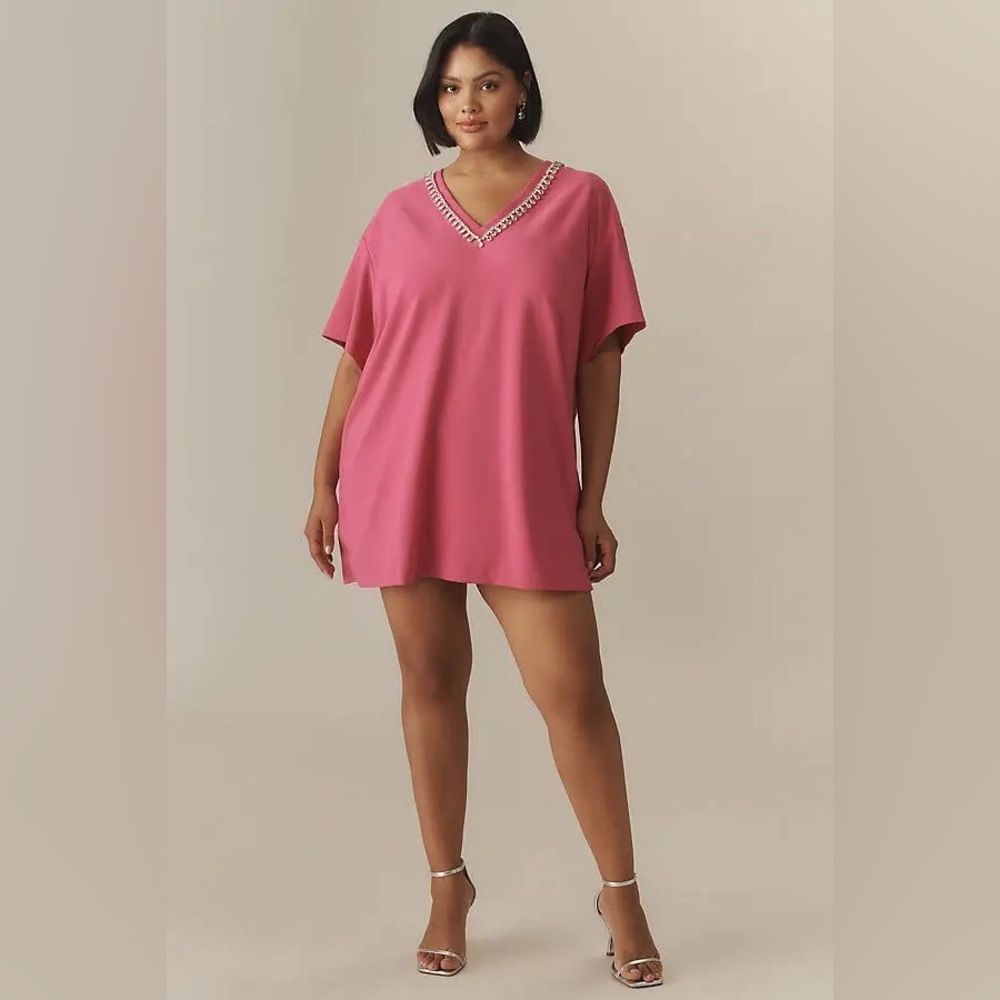 anthropologie Hutch Rhinestone V-Neck T-Shirt Dress FUCHSIA Beaded Jeweled 1X XL